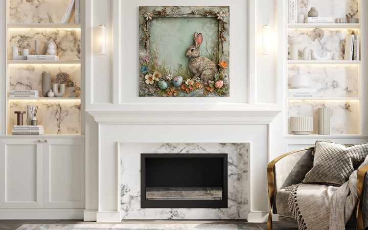 Shabby Chic Easter Bunny Framed Canvas Art - Rustic Spring Floral Wall Decor