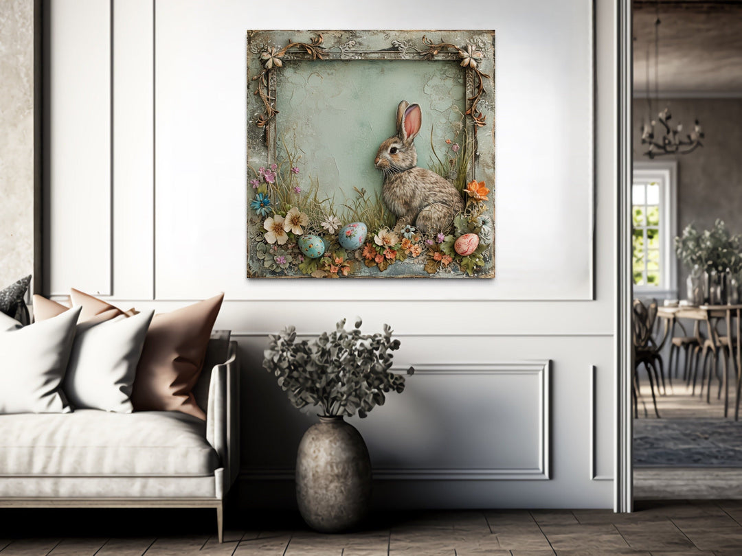 Shabby Chic Easter Bunny Framed Canvas Art - Rustic Spring Floral Wall Decor