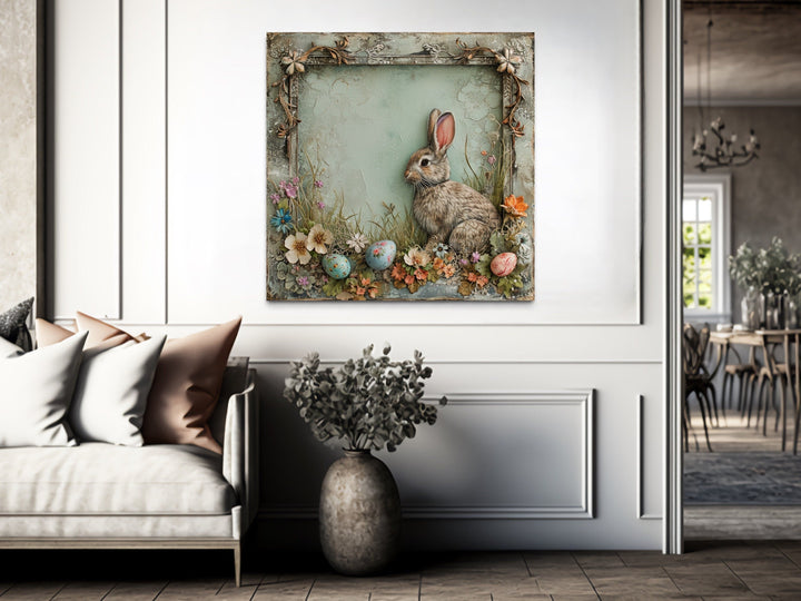 Shabby Chic Easter Bunny Framed Canvas Art - Rustic Spring Floral Wall Decor