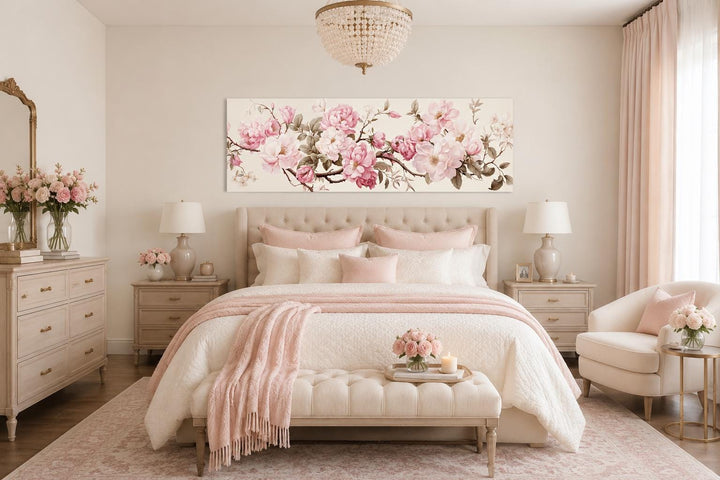 Shabby chic long horizontal wall art with pink and green florals hanging above a bed.