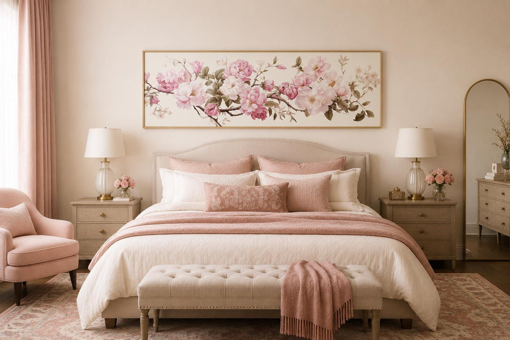 Shabby chic long horizontal wall art with pink and green floral design above a bed.