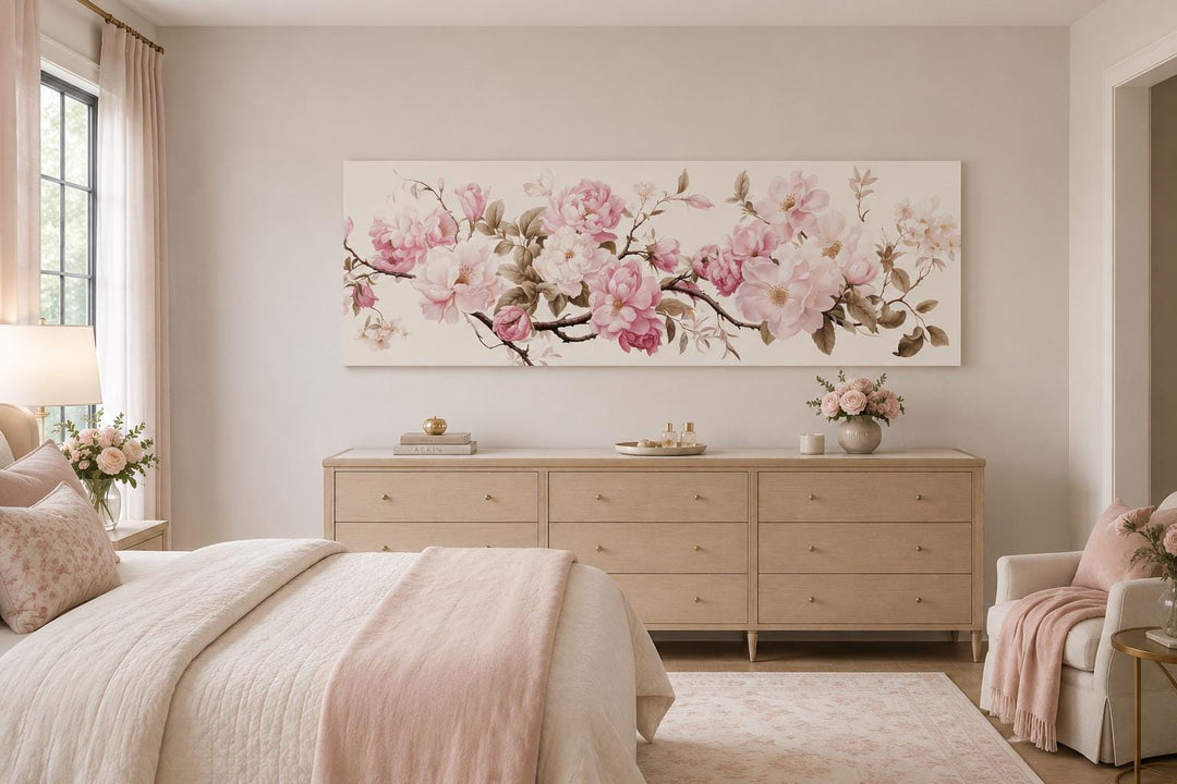 Shabby chic long horizontal wall art with pink and green floral design above a bedroom dresser.