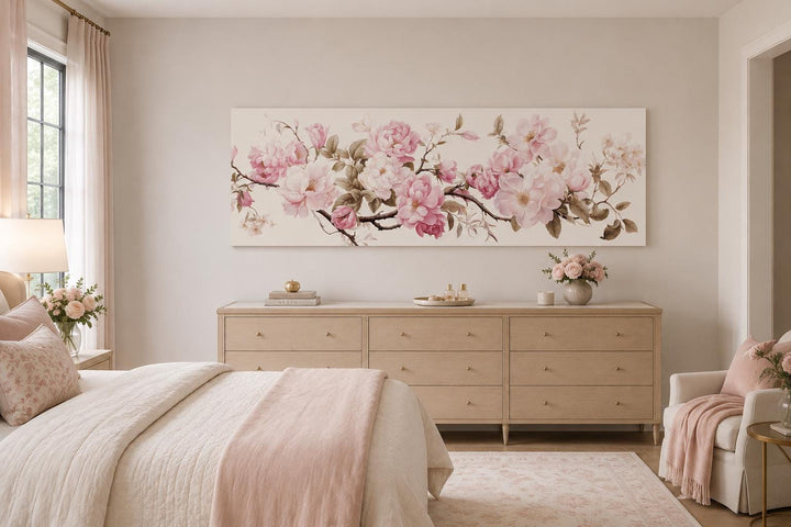 Shabby chic long horizontal wall art with pink and green floral design above a bedroom dresser.