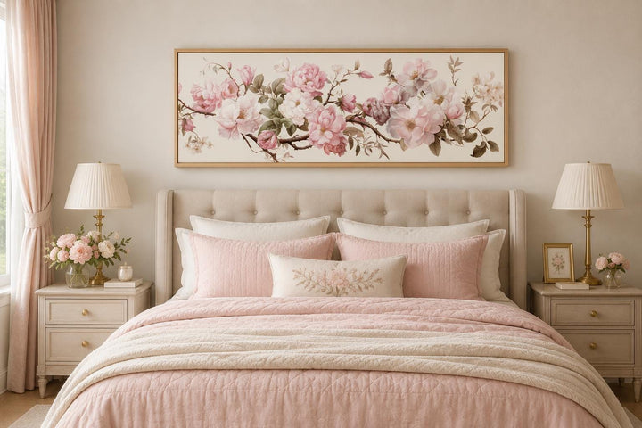Shabby chic pink and green floral horizontal wall art hanging above a bed with pink bedding.