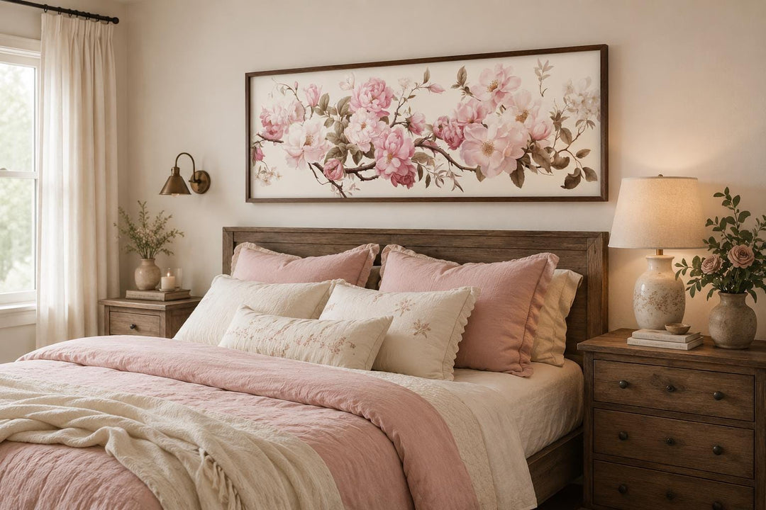 Long horizontal wall art with pink and green floral watercolor design above a wooden bed frame.