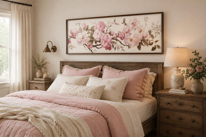 Long horizontal wall art with pink and green floral watercolor design above a wooden bed frame.