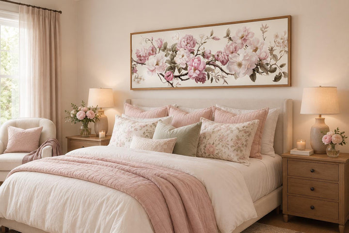 Shabby chic long horizontal wall art with pink and green floral design above a bed.