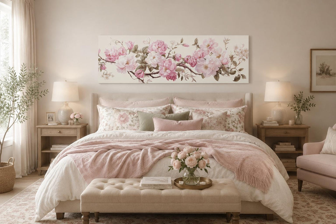 Shabby chic long horizontal canvas wall art with pink and green floral design above a bed.