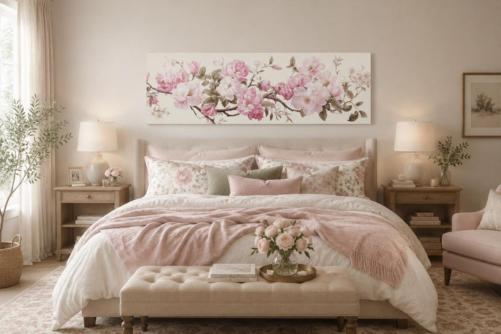 Shabby chic long horizontal canvas wall art with pink and green floral design above a bed.