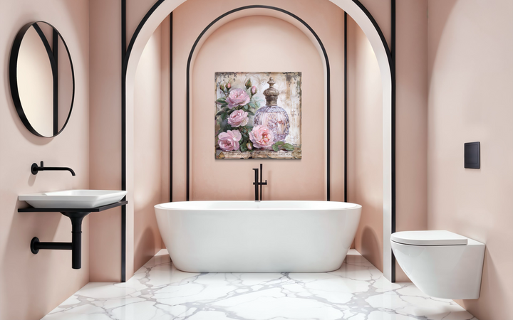 Shabby chic framed canvas wall art featuring a vintage perfume bottle and pink roses.