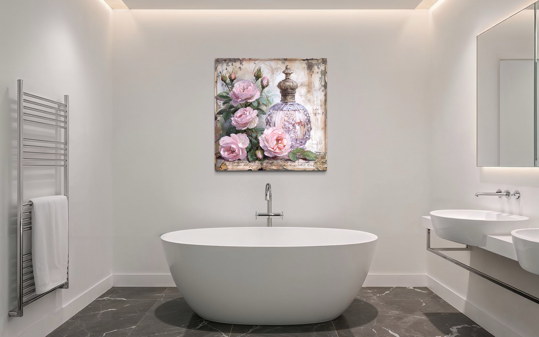 Shabby chic framed canvas wall art of a vintage pink perfume bottle and roses in a modern bathroom.