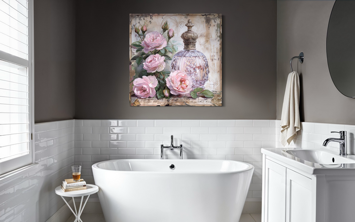 Shabby chic framed canvas wall art featuring a vintage perfume bottle and pink roses in a bathroom.