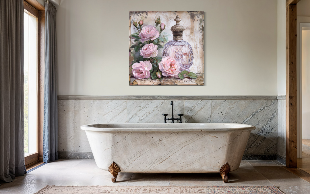 Shabby chic framed canvas wall art featuring a vintage pink perfume bottle and roses.