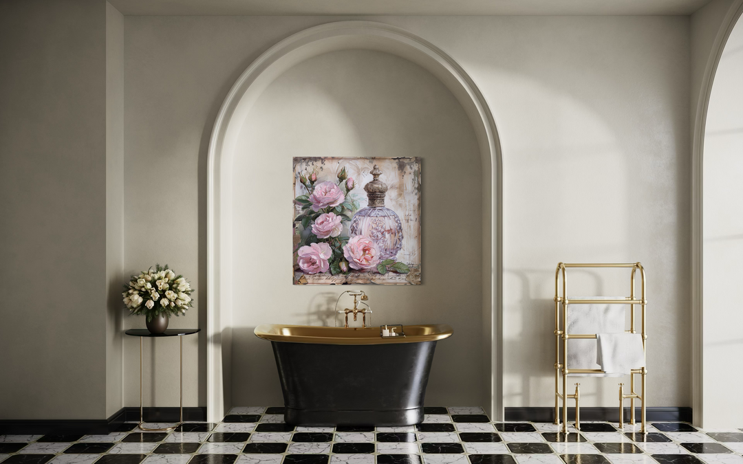 Shabby chic framed canvas wall art of a vintage perfume bottle and pink roses in a luxury bathroom.