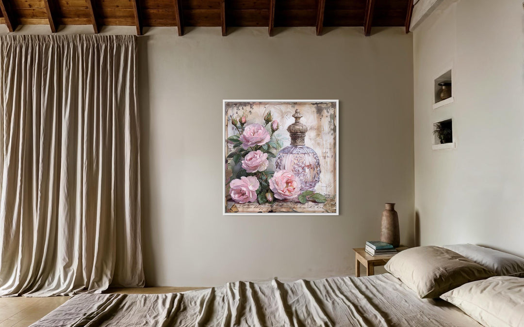 Shabby Chic Pink Perfume And Roses Framed Canvas Wall Art