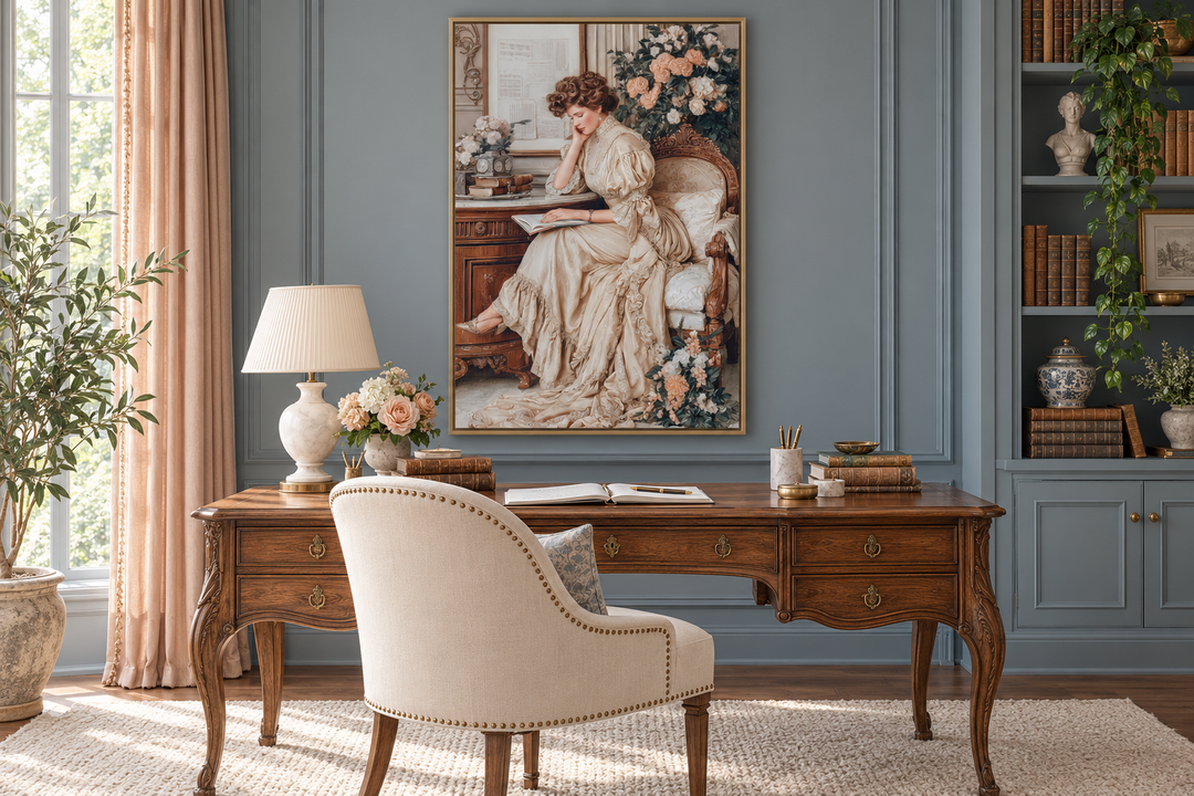 Boho Chic Vintage Style Woman Reading canvas wall art in a gold frame above a classic wooden desk.