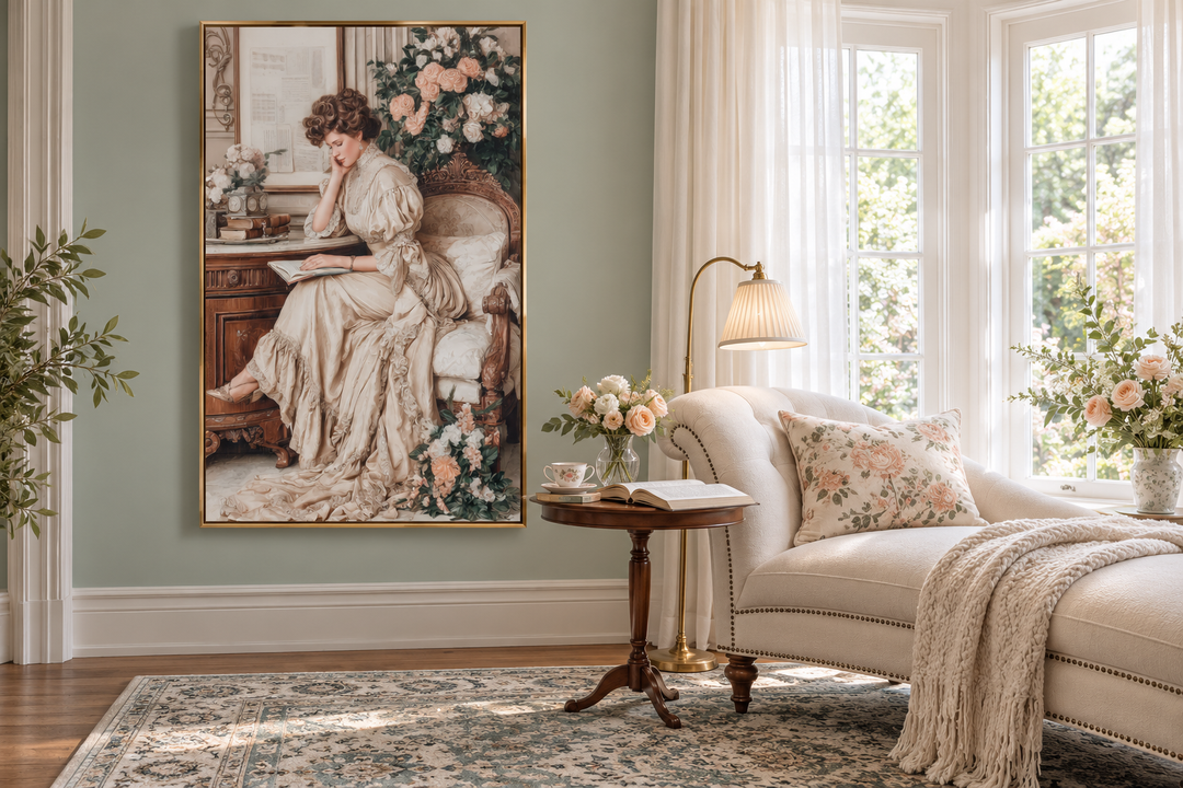 Boho chic vintage style canvas wall art of a woman reading in a gold frame above a reading nook.