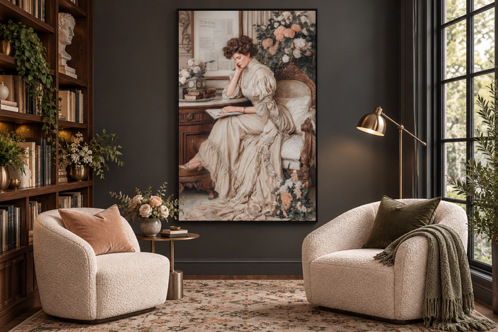 Boho Chic Vintage Style Woman Reading canvas wall art in a dark library with white boucle chairs.