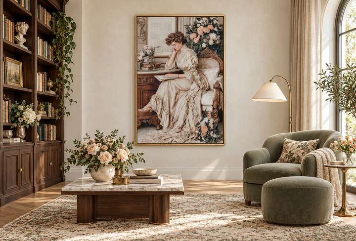 Boho Chic Vintage Style Woman Reading Canvas Wall Art in a gold frame above a marble coffee table.