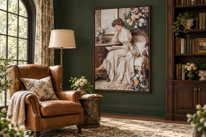 Boho Chic Vintage Style Woman Reading Canvas Wall Art in a dark green library setting.