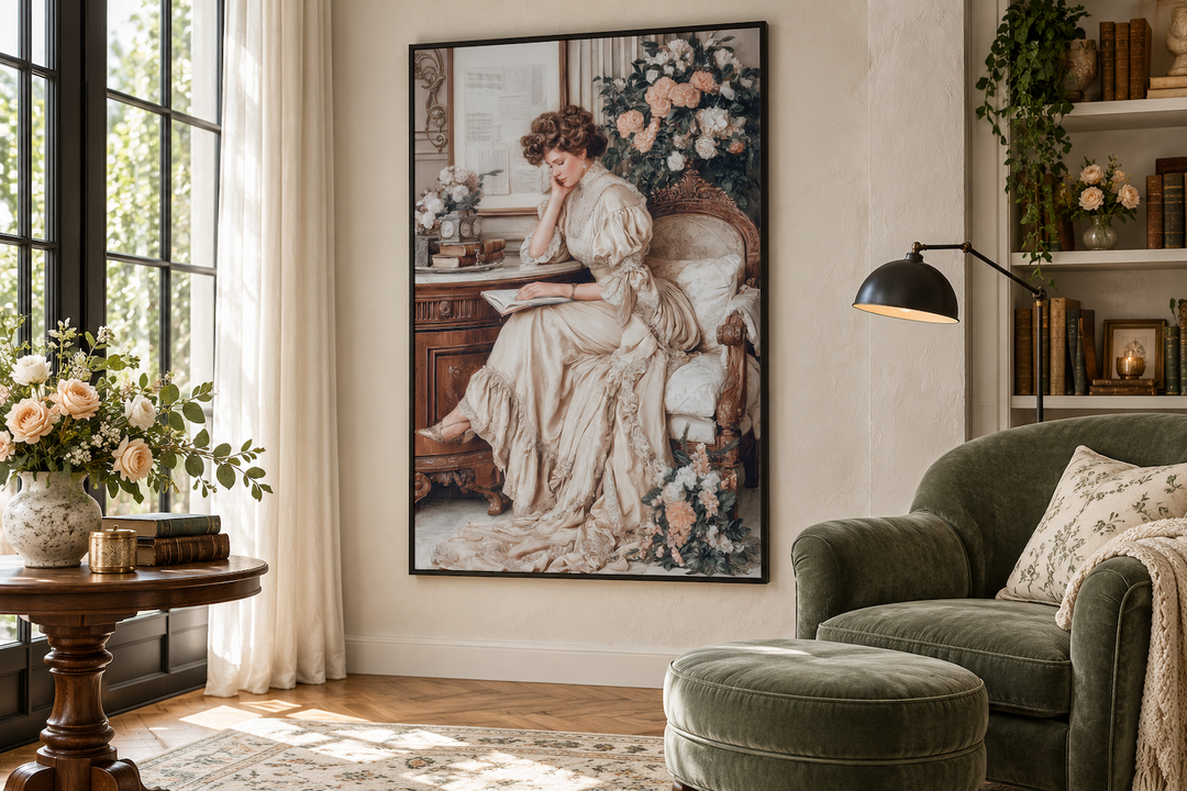 Boho Chic Vintage Style Woman Reading Canvas Wall Art in a black frame above a green armchair.