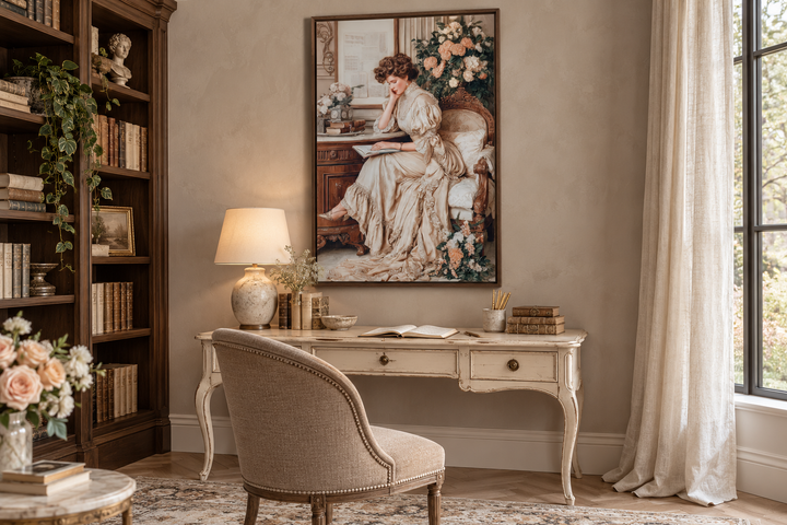 Boho Chic Vintage Style Woman Reading canvas wall art in a walnut frame above a desk.