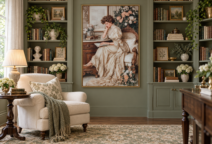 Boho Chic Vintage Style Woman Reading canvas wall art in a gold frame above a cozy armchair.