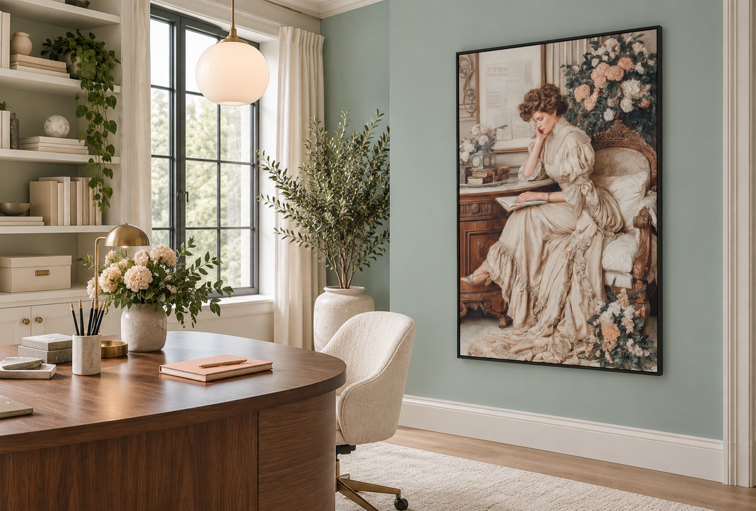 Boho Chic Vintage Style Woman Reading canvas wall art in a black frame on a seafoam green wall.