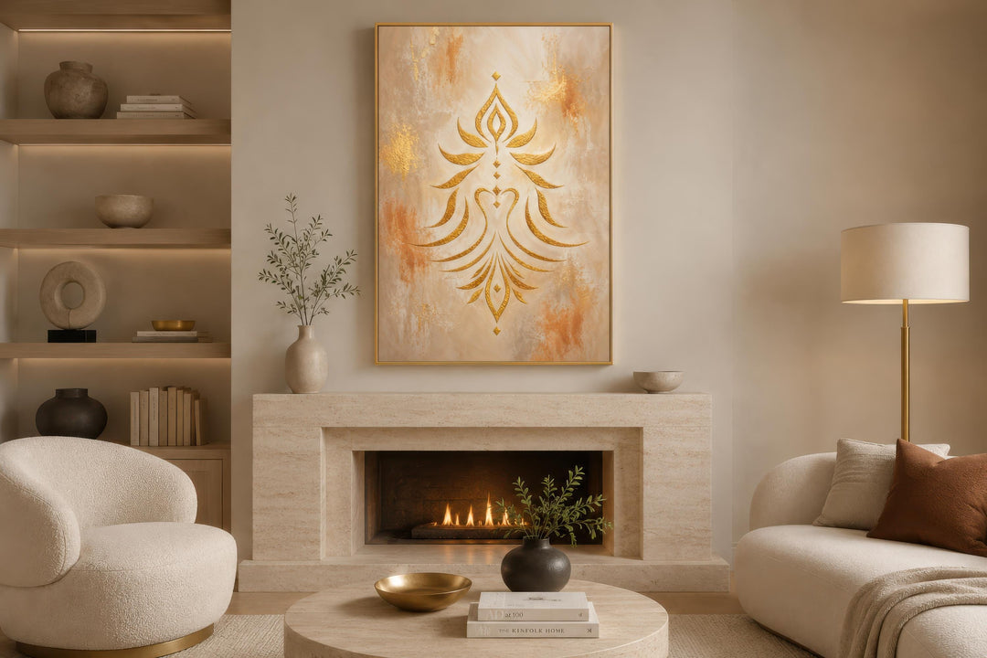 Art mural Shakti - Symbole doré minimaliste sur toile crème et terre cuite