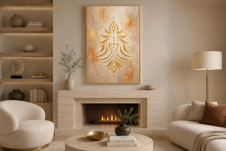 Art mural Shakti - Symbole doré minimaliste sur toile crème et terre cuite