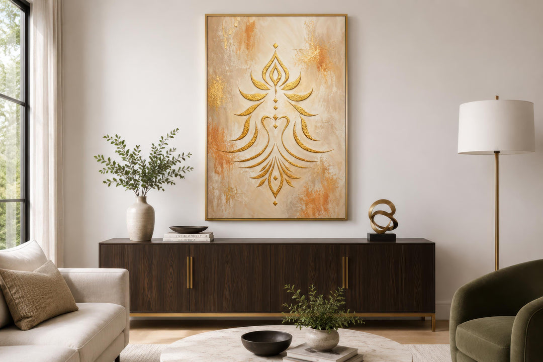 Art mural Shakti - Symbole doré minimaliste sur toile crème et terre cuite