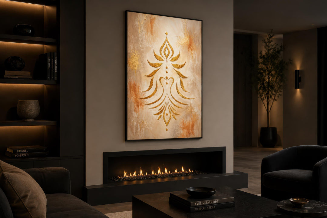 Art mural Shakti - Symbole doré minimaliste sur toile crème et terre cuite