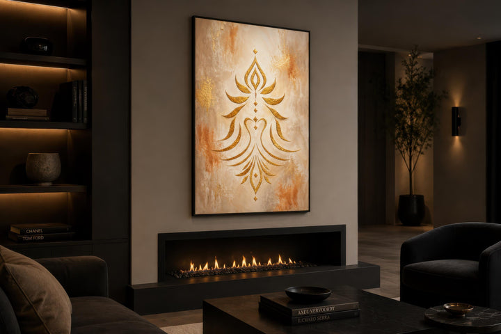 Art mural Shakti - Symbole doré minimaliste sur toile crème et terre cuite
