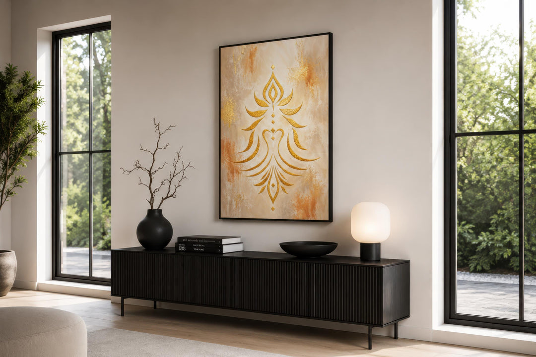 Art mural Shakti - Symbole doré minimaliste sur toile crème et terre cuite