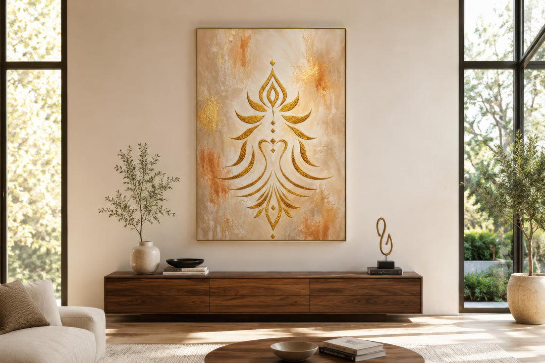 Art mural Shakti - Symbole doré minimaliste sur toile crème et terre cuite