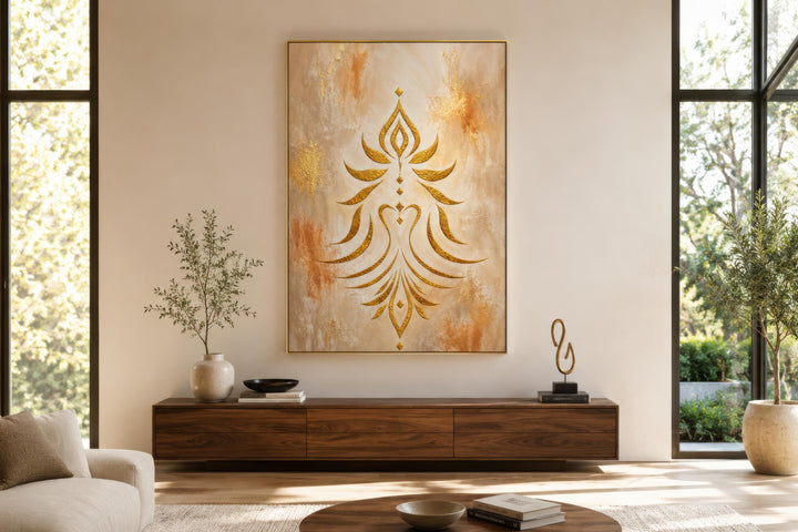 Art mural Shakti - Symbole doré minimaliste sur toile crème et terre cuite