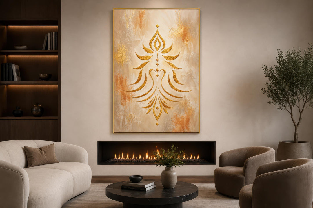 Art mural Shakti - Symbole doré minimaliste sur toile crème et terre cuite