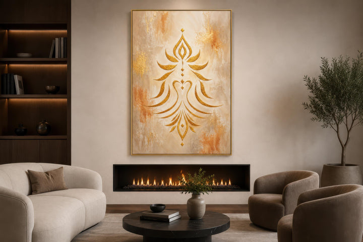 Art mural Shakti - Symbole doré minimaliste sur toile crème et terre cuite