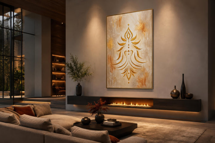 Art mural Shakti - Symbole doré minimaliste sur toile crème et terre cuite