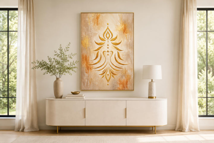 Art mural Shakti - Symbole doré minimaliste sur toile crème et terre cuite