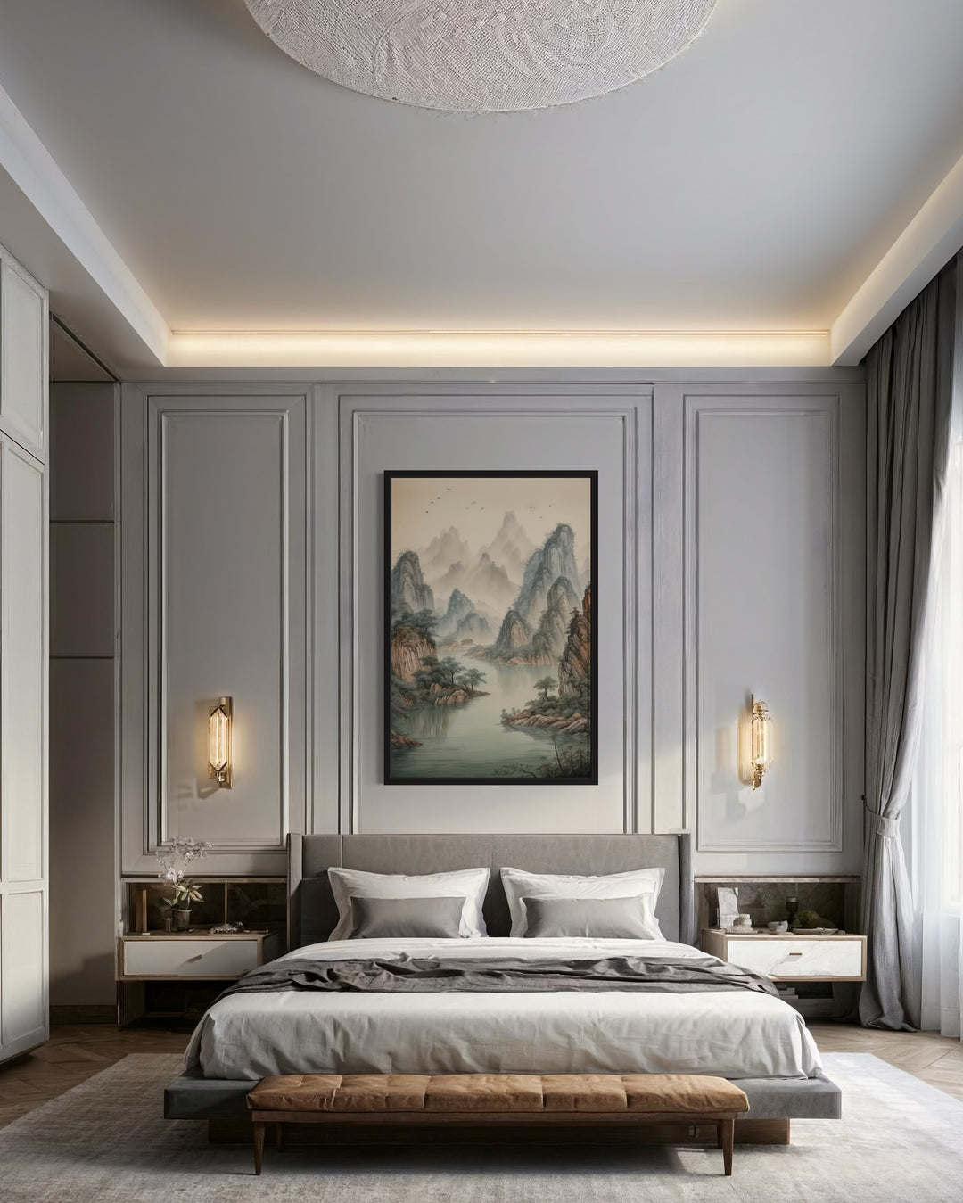 Shan Shui Hua traditional Chinese mountain and river landscape canvas wall art in a bedroom.