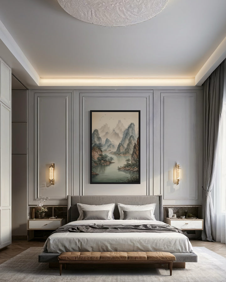 Shan Shui Hua traditional Chinese mountain and river landscape canvas wall art in a bedroom.