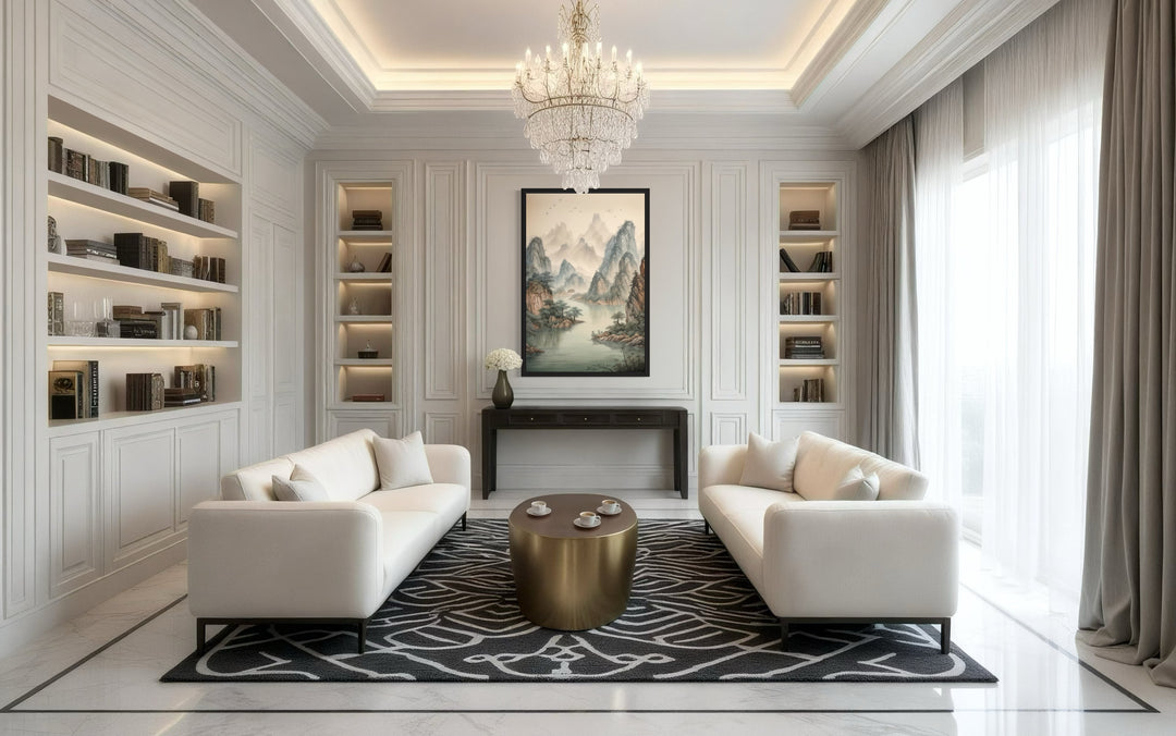 Shan Shui Hua canvas wall art featuring a traditional Chinese mountain and river landscape.