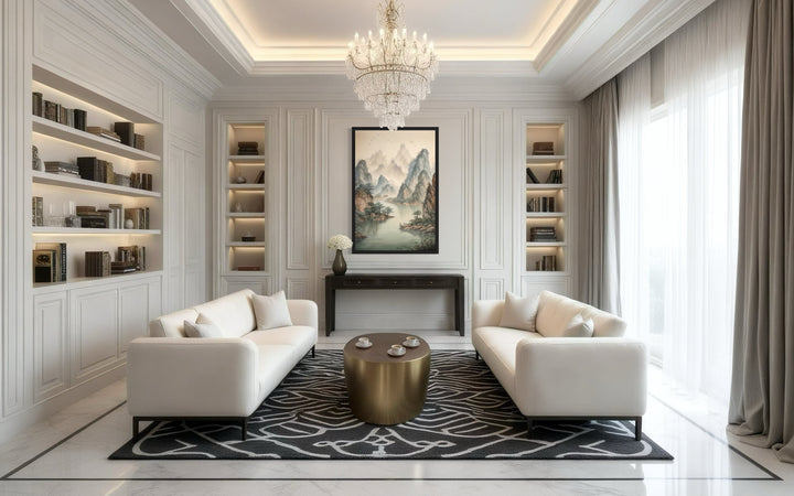 Shan Shui Hua canvas wall art featuring a traditional Chinese mountain and river landscape.