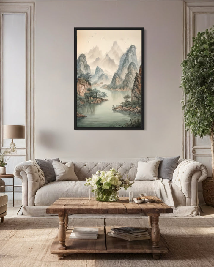 Shan Shui Hua canvas wall art featuring traditional Chinese mountain and river landscape in a frame.