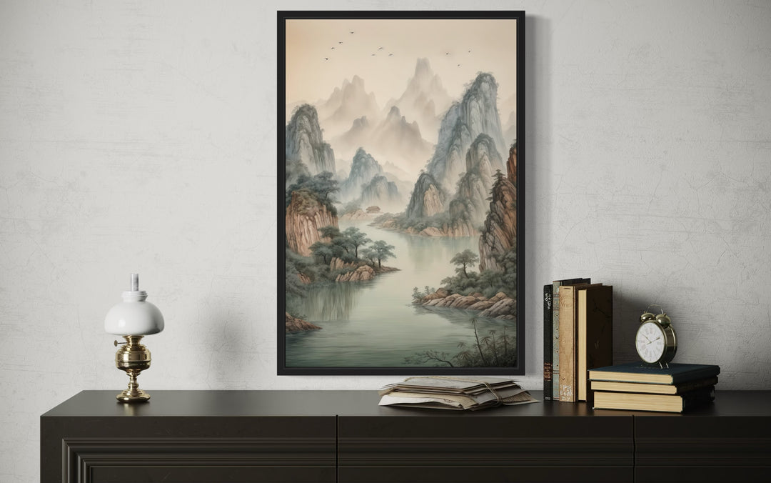 Shan Shui Hua canvas wall art of traditional Chinese mountains and river in a black frame.
