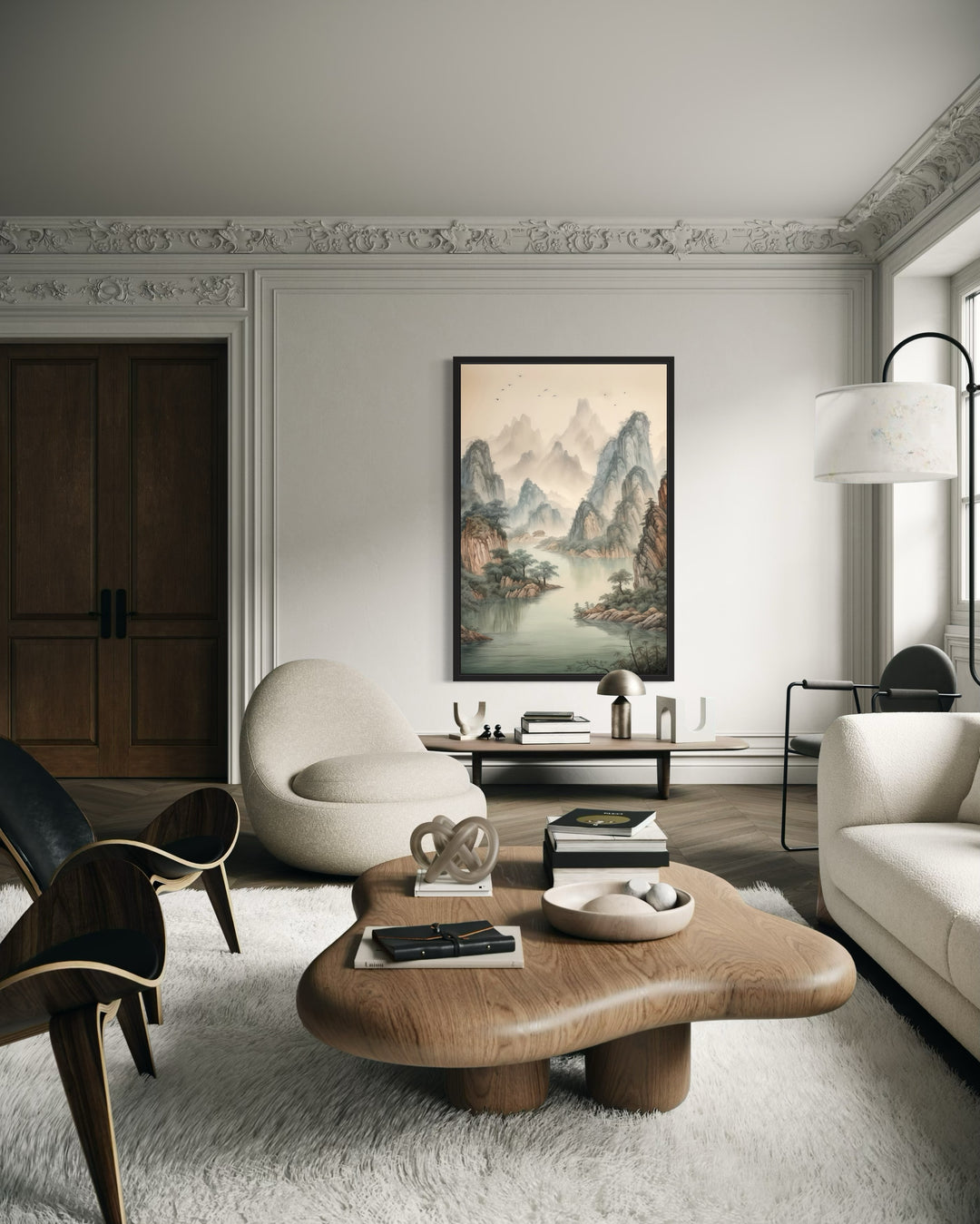Shan Shui Hua canvas wall art featuring traditional Chinese mountains and river in a modern room.