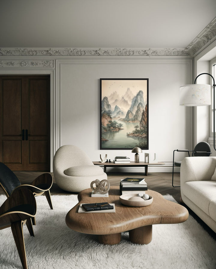 Shan Shui Hua canvas wall art featuring traditional Chinese mountains and river in a modern room.