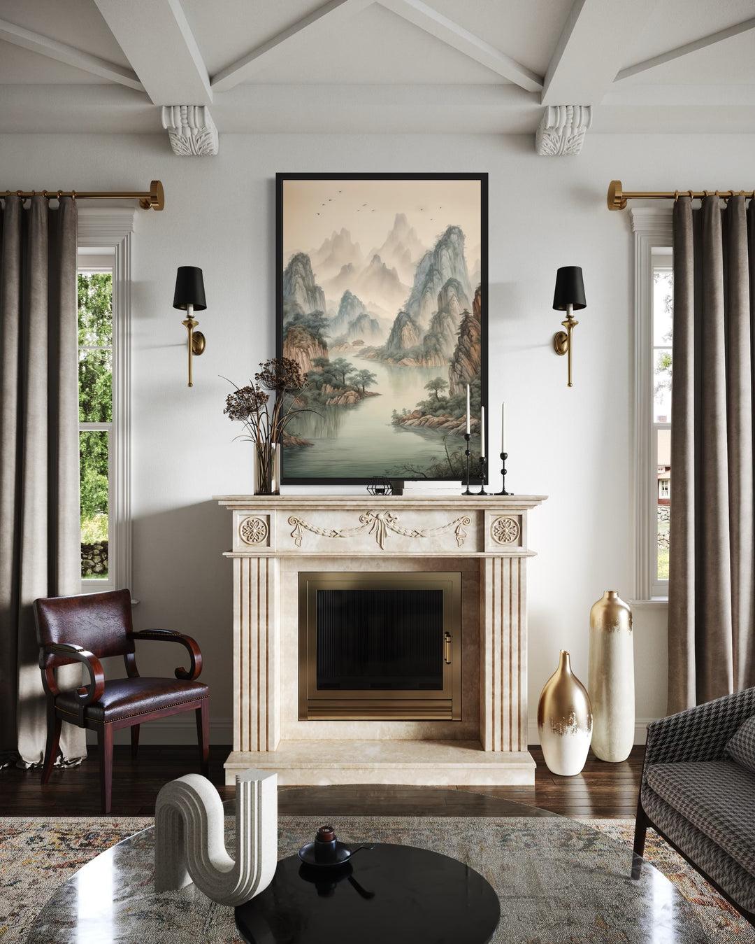 Shan Shui Hua canvas wall art featuring traditional Chinese mountains and river above a fireplace.