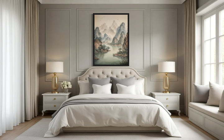 Shan Shui Hua canvas wall art featuring traditional Chinese mountains and river landscape over a bed